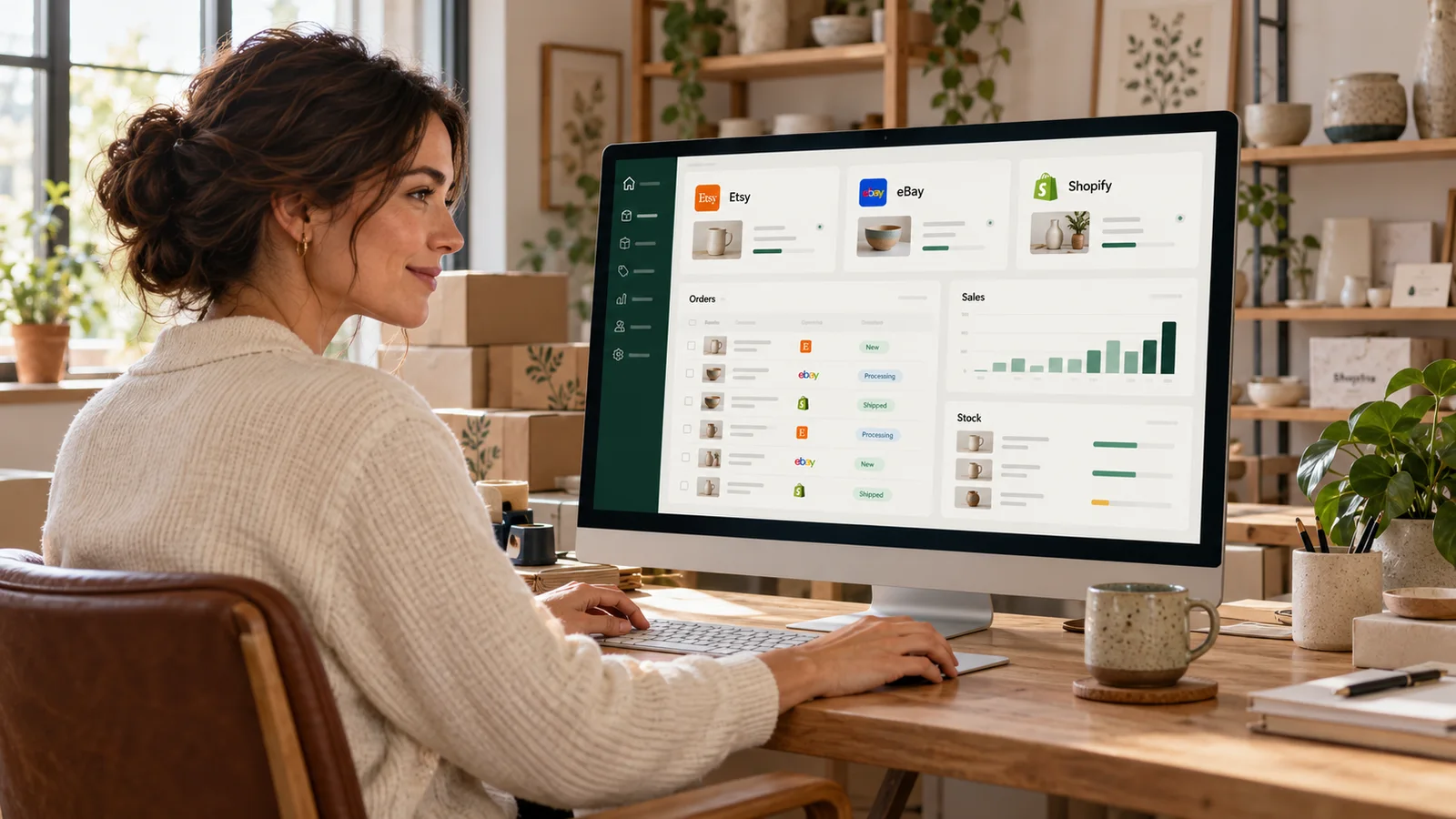 A business owner monitoring Etsy, eBay and Shopify orders, stock and sales on a single management screen.